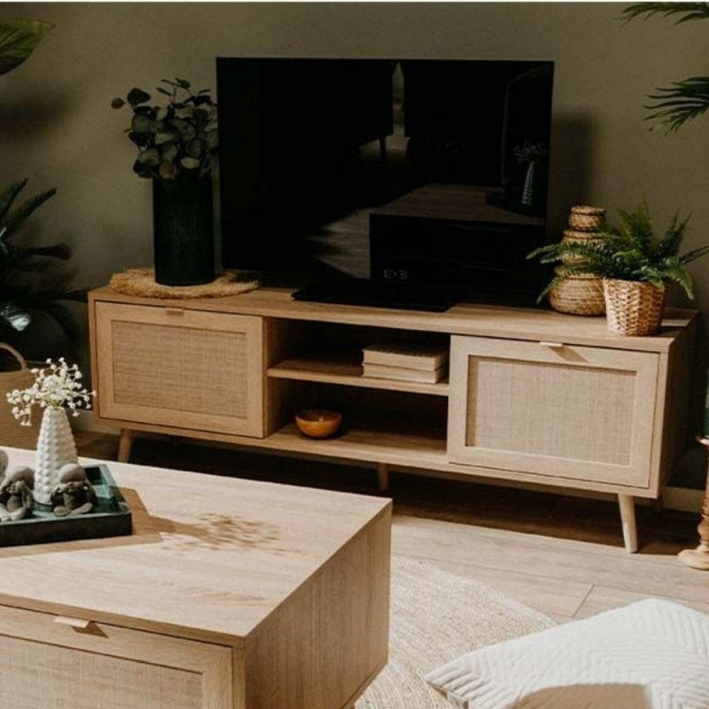 Mobile porta TV 150x52h cm con 2 ante colore quercia e effetto vimini - Bali 56A