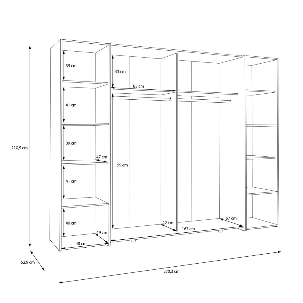 Armadio 2 ante scorrevoli e 2 battenti rovere e cashmere 270x61x210 Callia