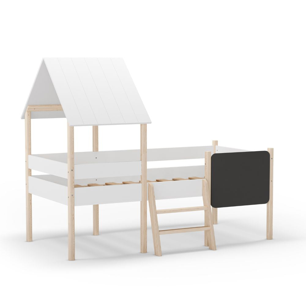 Letto singolo rialzato a forma di casetta in legno massiccio colore bianco e pino - Minty