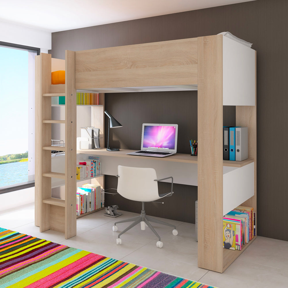Chambre d'enfant avec lit mezzanine et bureau intégré blanc et chêne