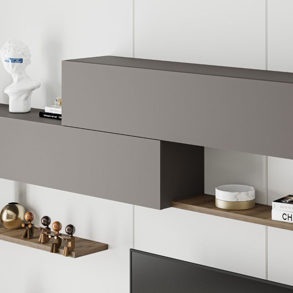 TV-Wohnwand mit Türen und Regalen in Hitit und Light Mocha 260 cm - Mokat