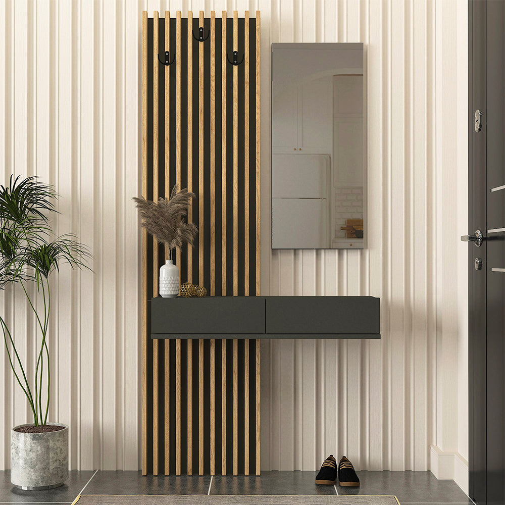 ENTRÉE ELOIS ANTHRACITE CHÊNE AVEC 3 PATTÈRES ET MIROIR
