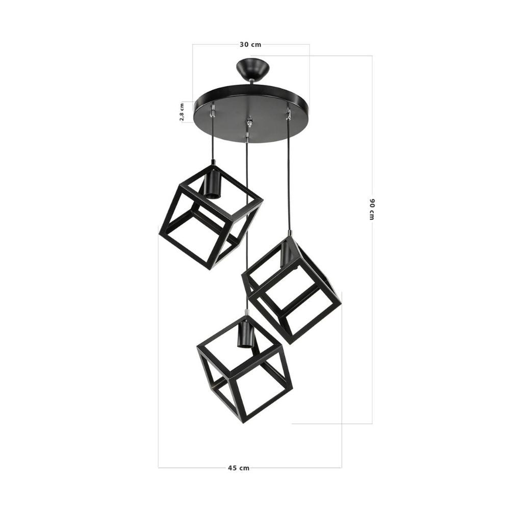 Lampada a sospensione 90 cm con 3 cubi nero in metallo - Agatha