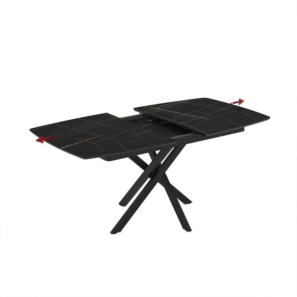 Tavolo allungabile piano effetto marmo nero e oro e gambe in metallo nero 145x90x76H Filis