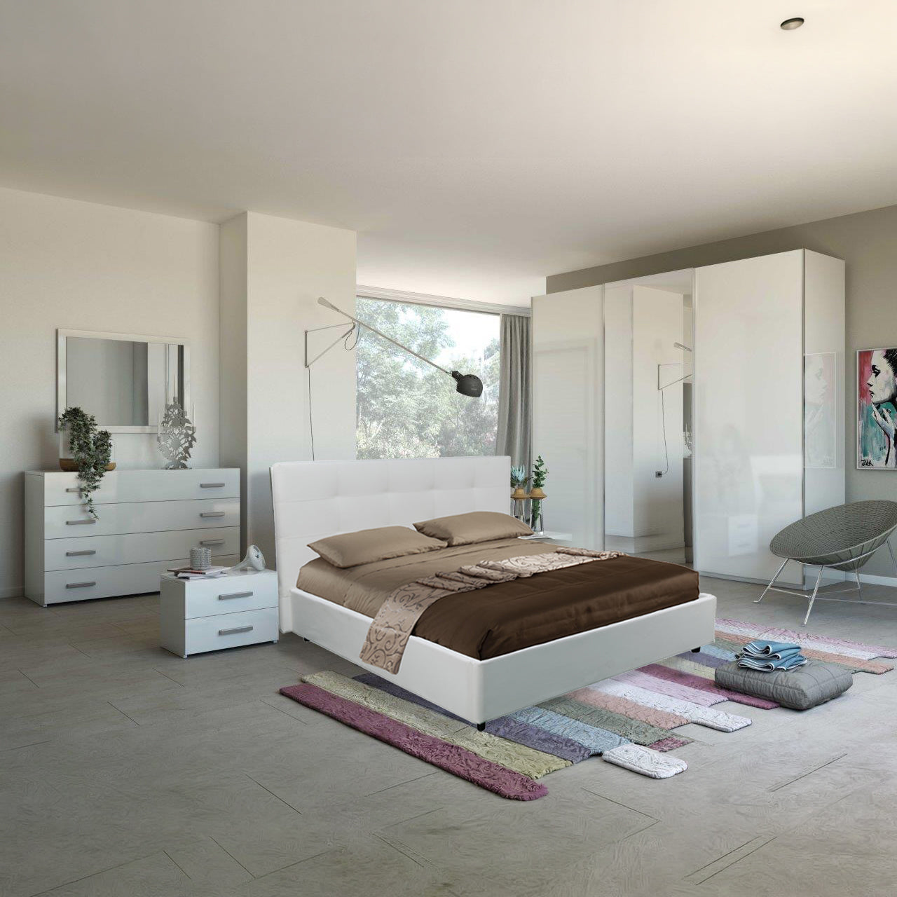 Komplettes Schlafzimmer mit weiß lackiertem Schwebetürenschrank – Amara