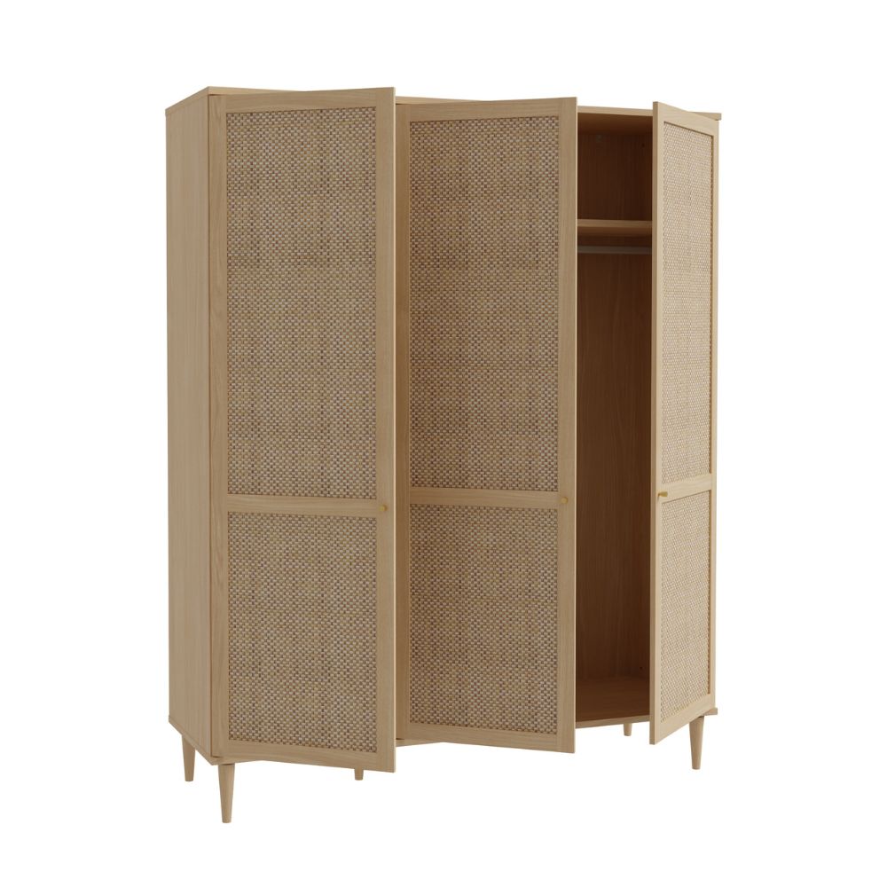 Armadio 3 ante frontali effetto rattan intrecciato colore rovere 165x52x208H Livia