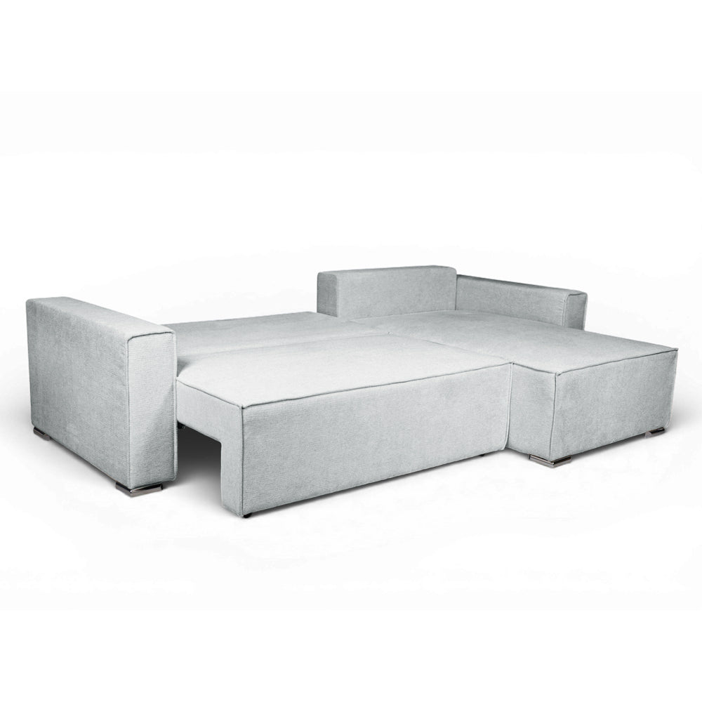 Divano angolare grigio scuro con letto Easy Open, contenitore e penisola reversibile Emily