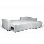 Divano angolare grigio scuro con letto Easy Open, contenitore e penisola reversibile Emily