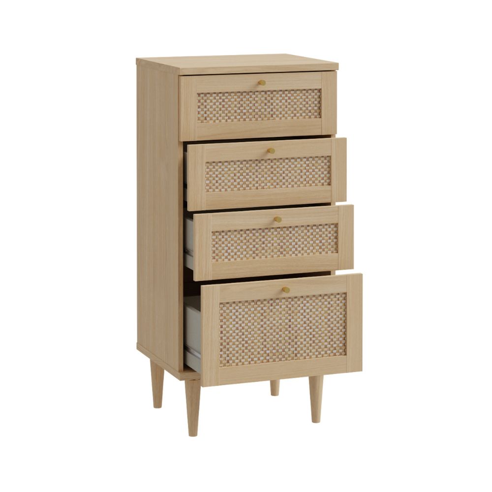 Cassettiera 4 cassetti in rovere con dettagli effetto Rattan 50.4x41.4x109H Livia