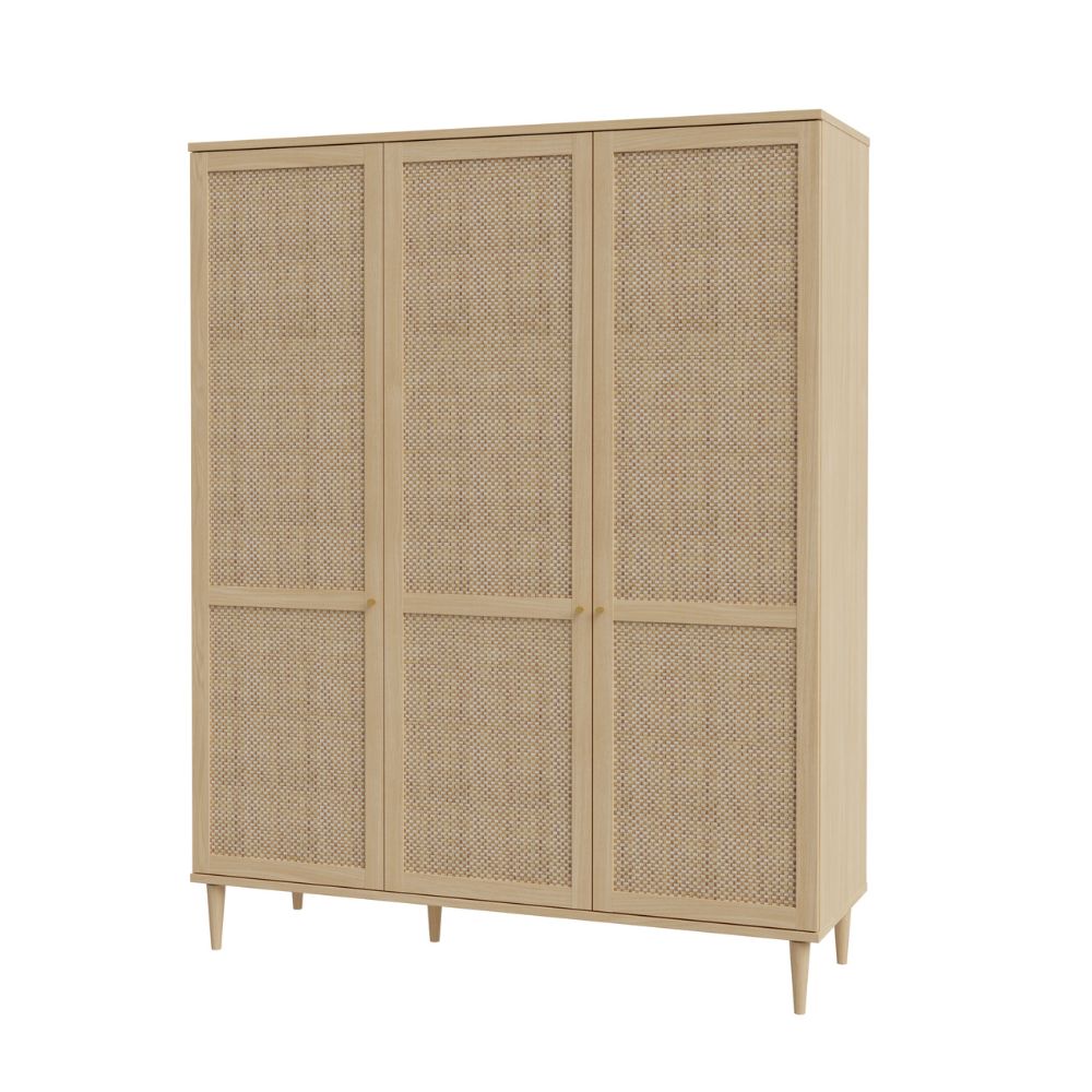 Armadio 3 ante frontali effetto rattan intrecciato colore rovere 165x52x208H Livia