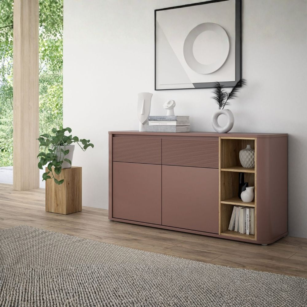Madia 2 ante 2 cassetti con vani a giorno 160 cm terracotta e dettaglio rovere Origin Core