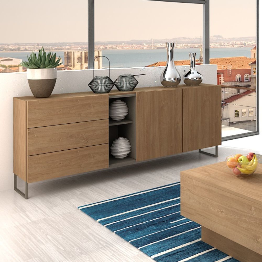 Buffet 1055 couleur chêne miel avec 3 tiroirs, 2 portes et une niche ouverte taupe 175x38x73.6H