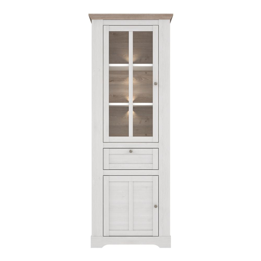 Vetrina 2 ante in vetro, 1 cassetto e luci LED rovere bianco neve e olmo scuro Forma
