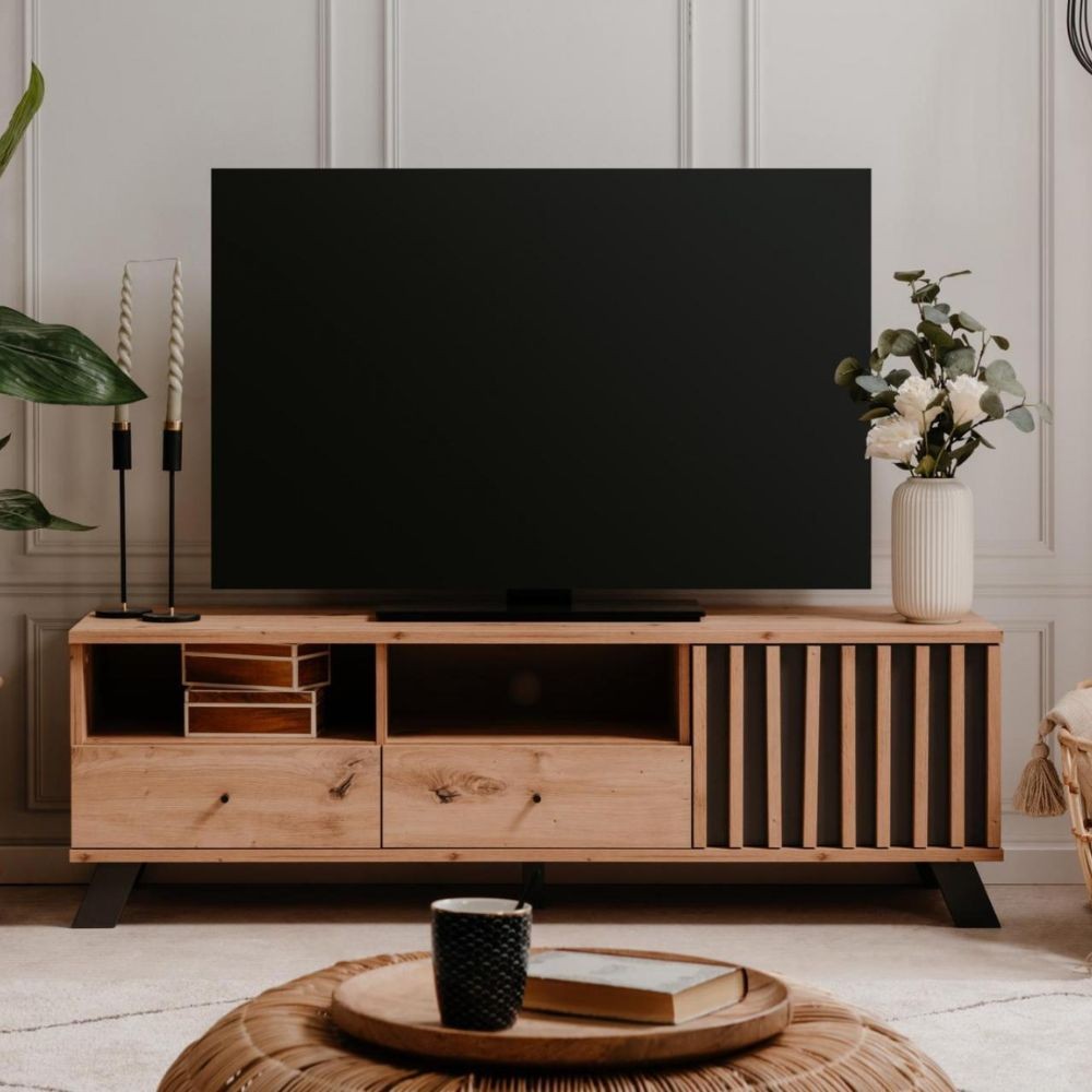 Mobile porta TV 138x44h con 2 cassetti e anta con vani a giorno colore rovere e antracite - Medan56A