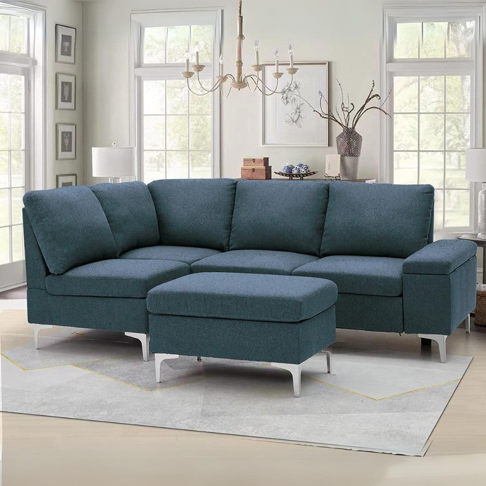 Divano angolare sinistro tessuto grigio blu con bracciolo porta oggetti 218X172X87H - Dina