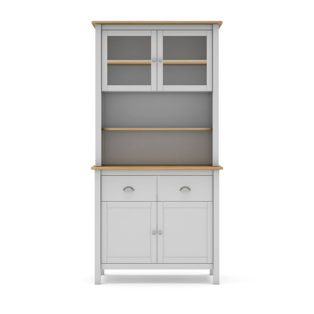 Buffet en bois massif avec vitrine, portes et tiroirs couleur blanc et chêne 90x40x180H cm - Herti