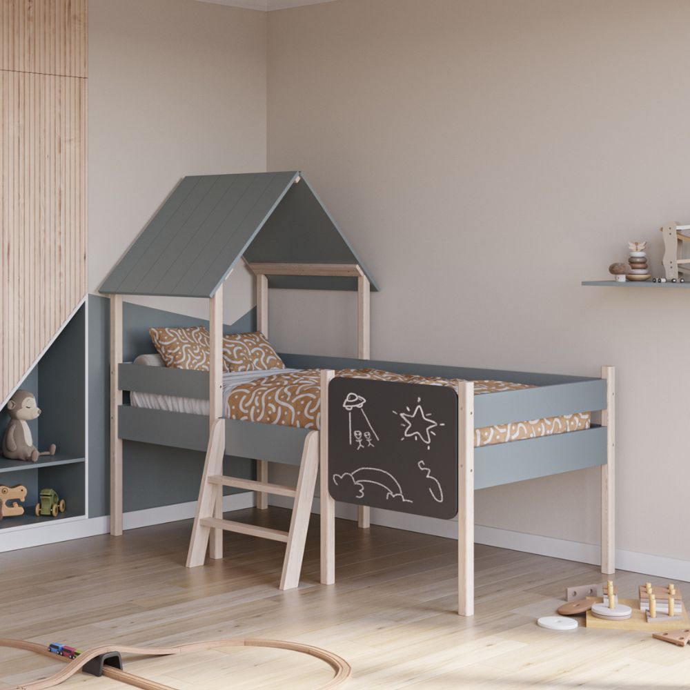 Letto singolo rialzato a forma di casetta in legno massiccio colore verde cachi e pino - Minty