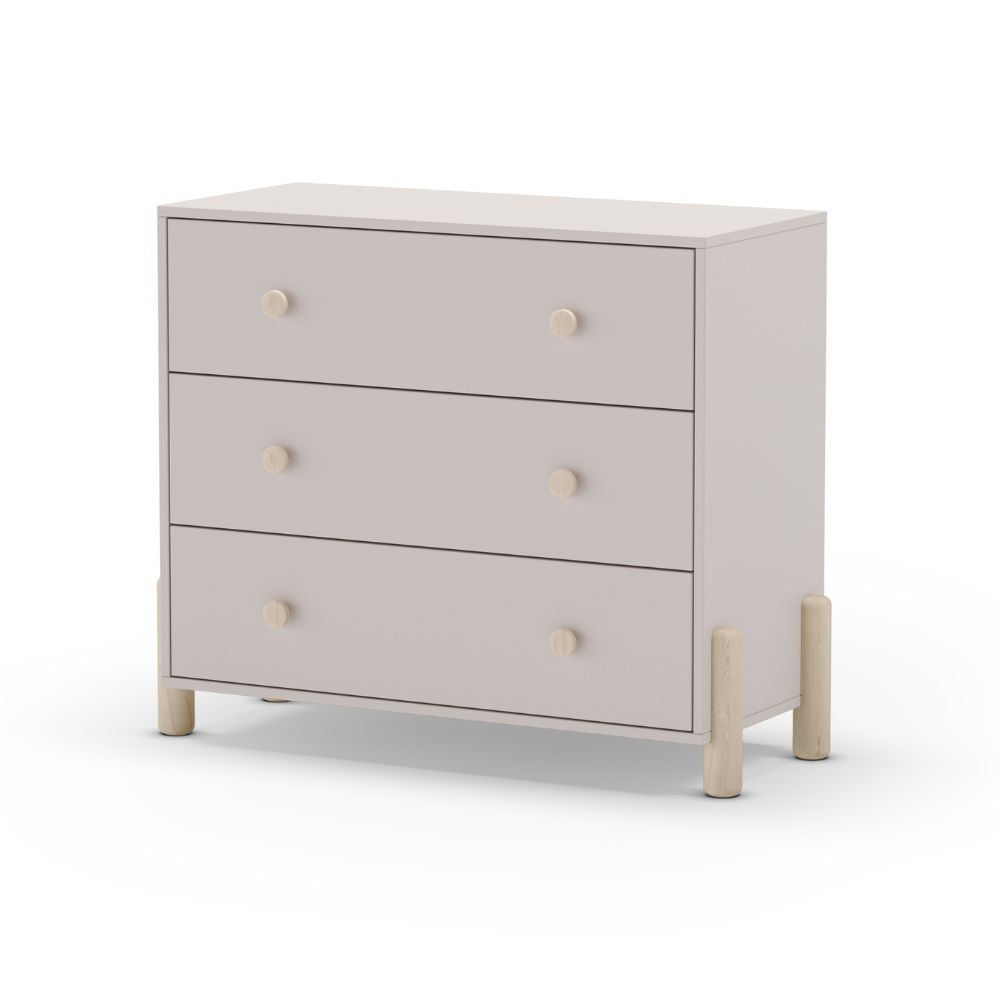 Cassettiera in legno massiccio con 3 cassetti beige e gambe in pino naturale 90x40x80H Enola