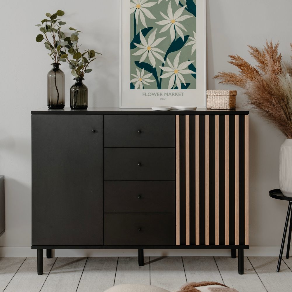 Madia con 2 ante e 4 cassetti colore nero con listelli rovere 118x90H cm - Bresso