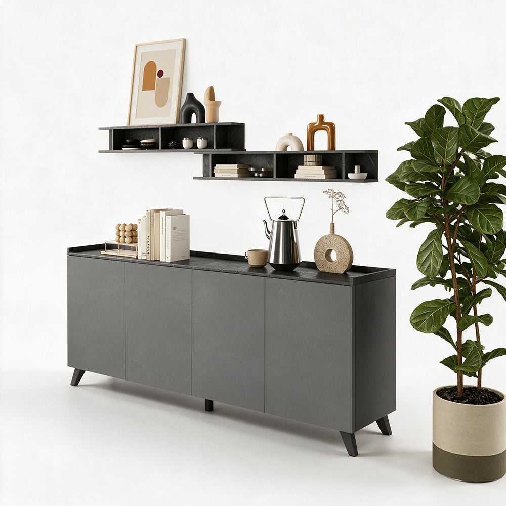 Buffet moderne à 4 portes 241x99H cm couleur ardoise plomb - Polan
