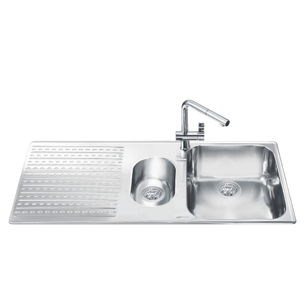 Einbauspüle 2 Becken und Abtropffläche links Edelstahl gebürstet 100x50 - Smeg LTS102S2