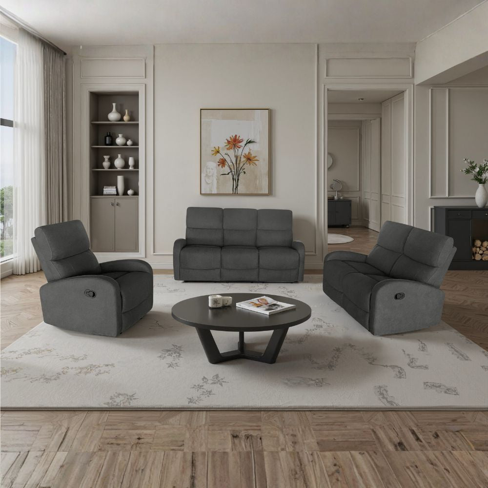 Divano relax 3+2 con poltrona recliner in tessuto grigio scuro PotterSET