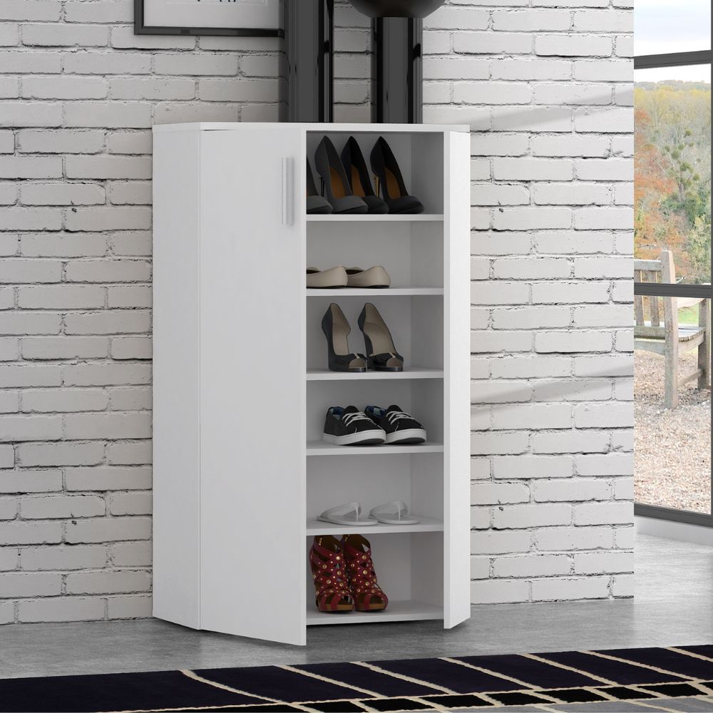 Meuble à chaussures polyvalent à 2 portes et 5 étagères couleur blanche 69x34x120H Lucio