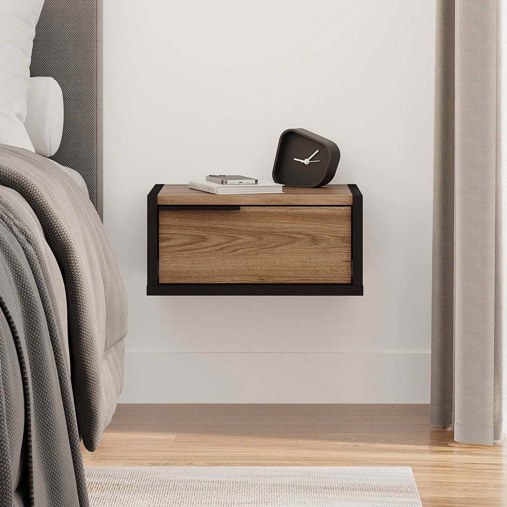Comodino sospeso con cassetto 40 cm nero e rovere oud con maniglia reversibile Eco