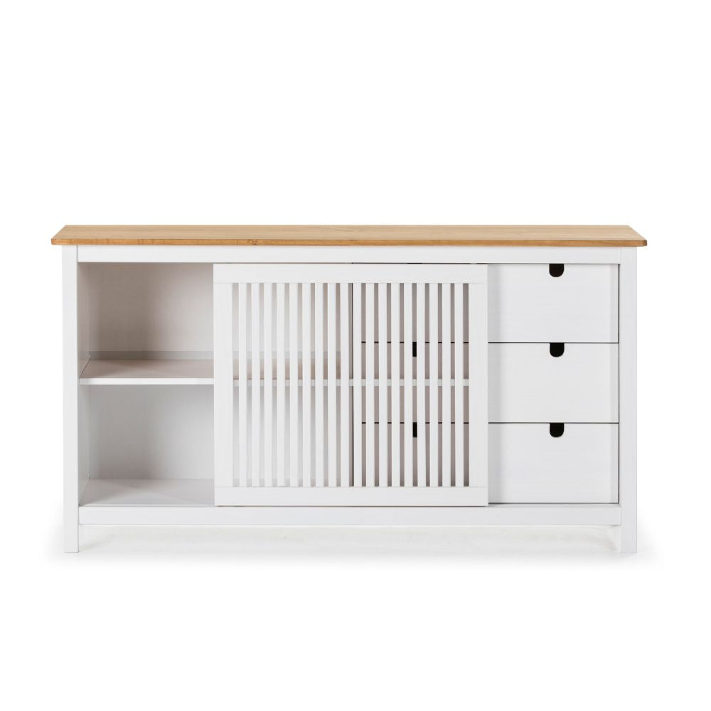 Credenza in legno massiccio con anta scorrevole e 3 cassetti colore bianco e pino 150x40x80H cm - Gaia