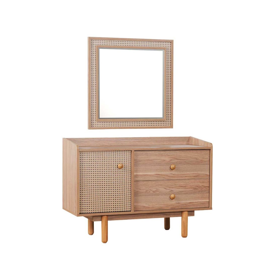 Chambre Nature coloris chêne miel effet cannage et armoire miroir