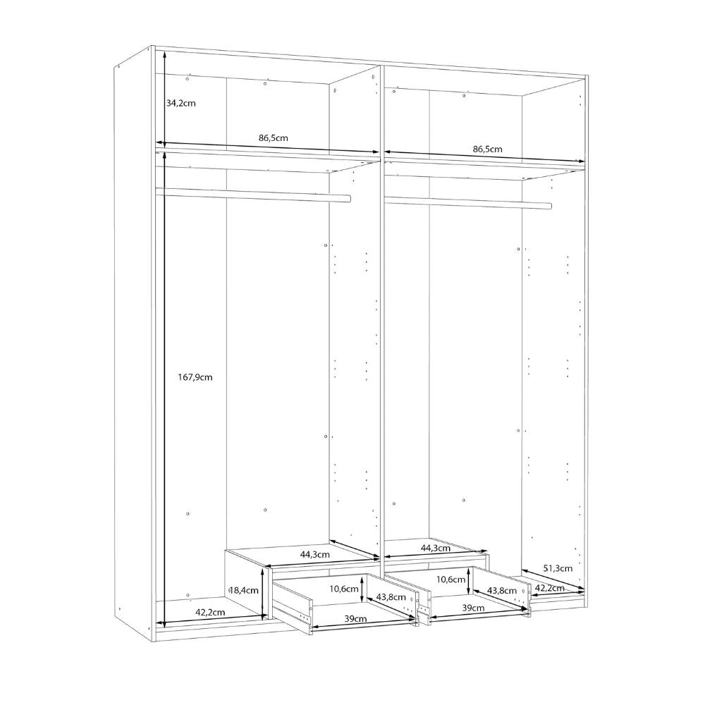 Kleiderschrank 4 Türen 1 Schublade Eichefarbe 177,5x54x210,5H Arcadia