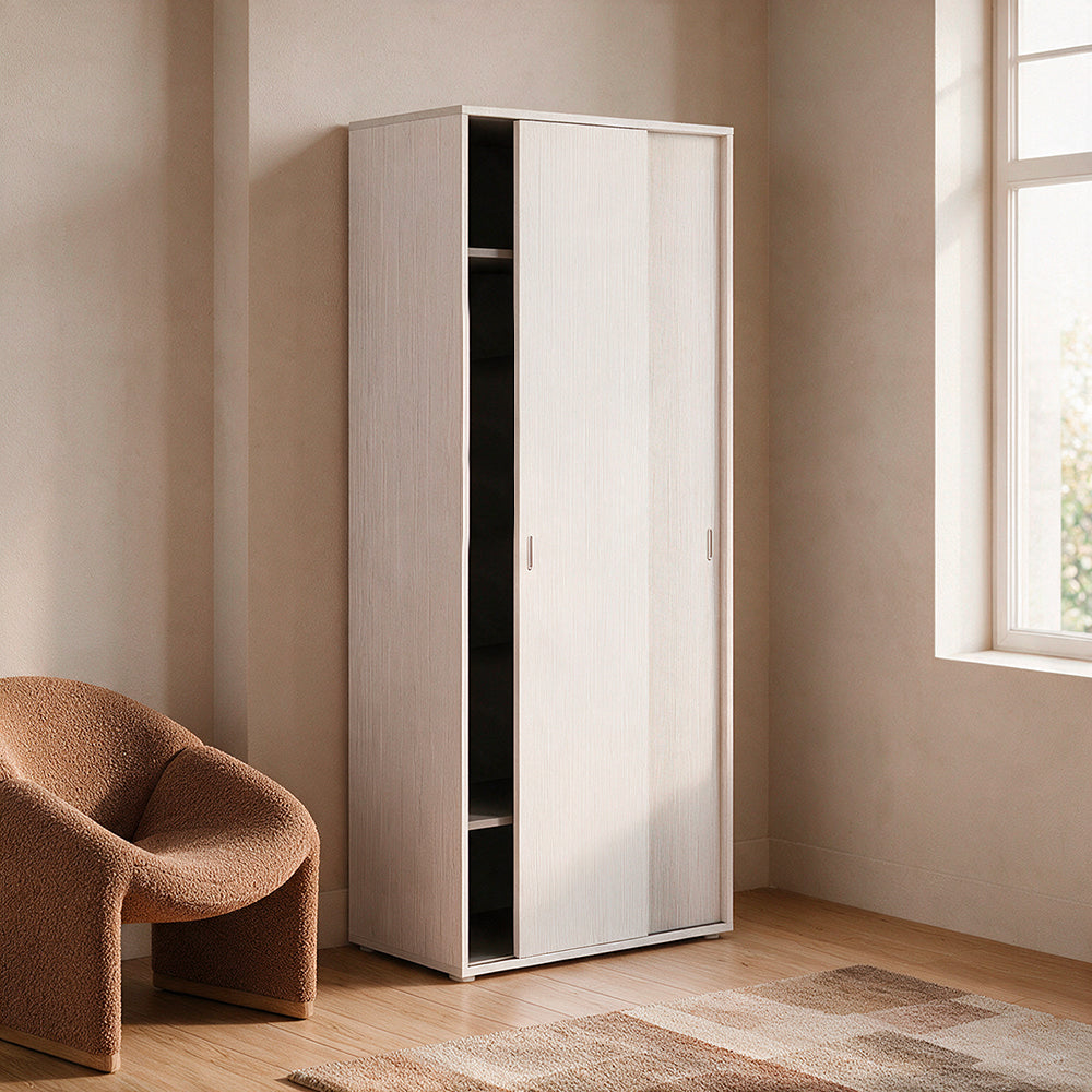 Armoire à deux portes coulissantes avec tringle de penderie, coloris blanc frêne, 90x43x212H cm