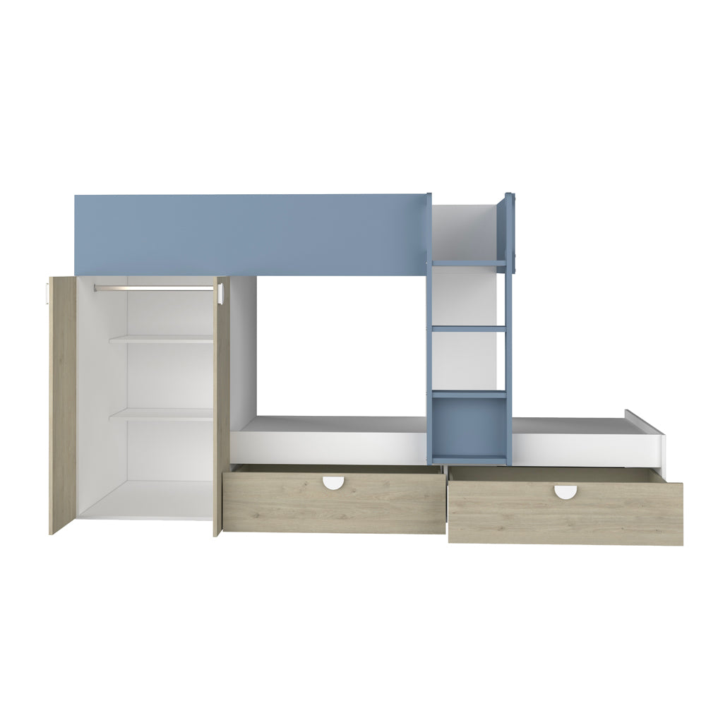 Letto a castello Gilbo per due bambini con armadio e cassetti colore rovere e azzurro