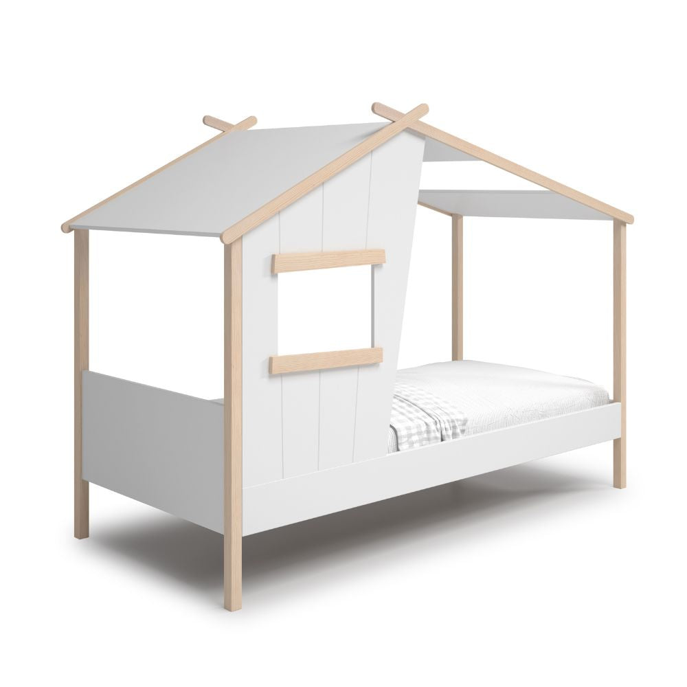 Einzelbett in Hausform aus massivem Holz, weiß - Nidin