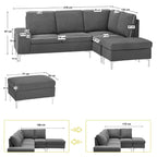 Ecksofa rechts, Stoff grau-blau mit Armlehne und Ablagefach, 218x172x87H - Dina