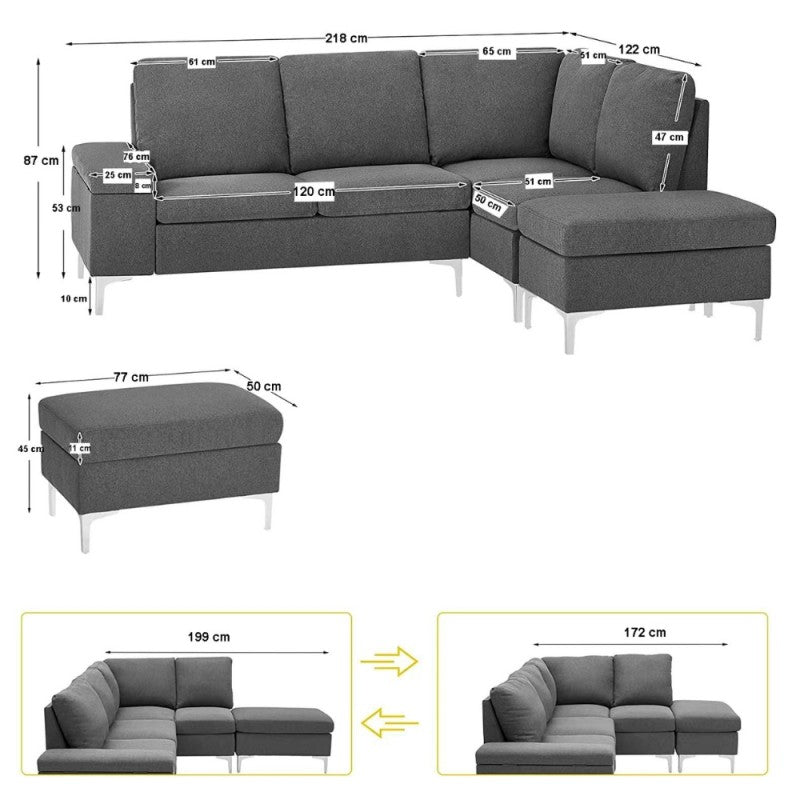 Divano angolare destro tessuto grigio blu con bracciolo porta oggetti 218X172X87H - Dina