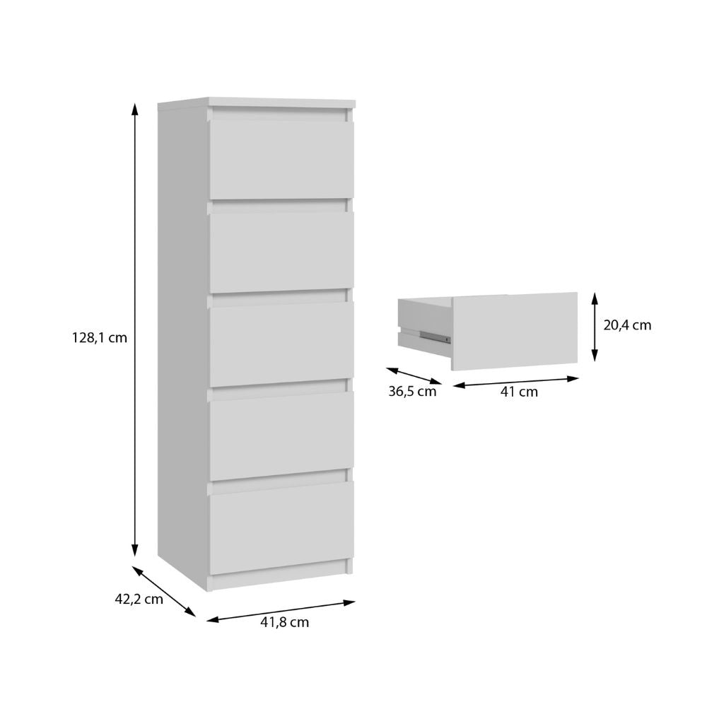 Cassettiera 5 cassetti colore bianco opaco 42x42.2x128H Morgan
