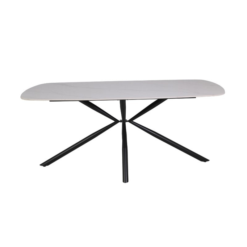 Tisch mit glänzender Keramikplatte in weißer Marmoroptik und schwarzen Beinen - Style