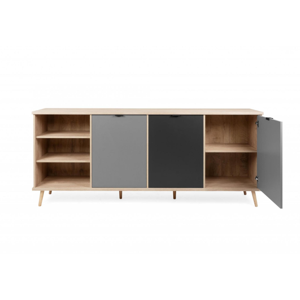 Madia in legno 209,6x88,3h cm con tre ante e vano a giorno colore rovere, antracite e grigio - Epik 56