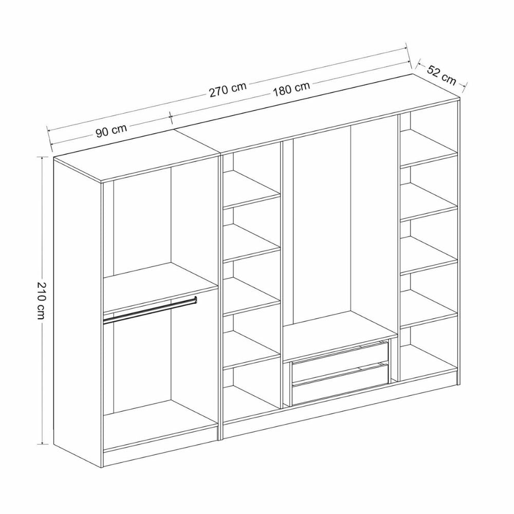 Kleiderschrank mit 6 Drehtüren in Weiß, geriffelte Optik, 270x52x210H cm – Wilmy