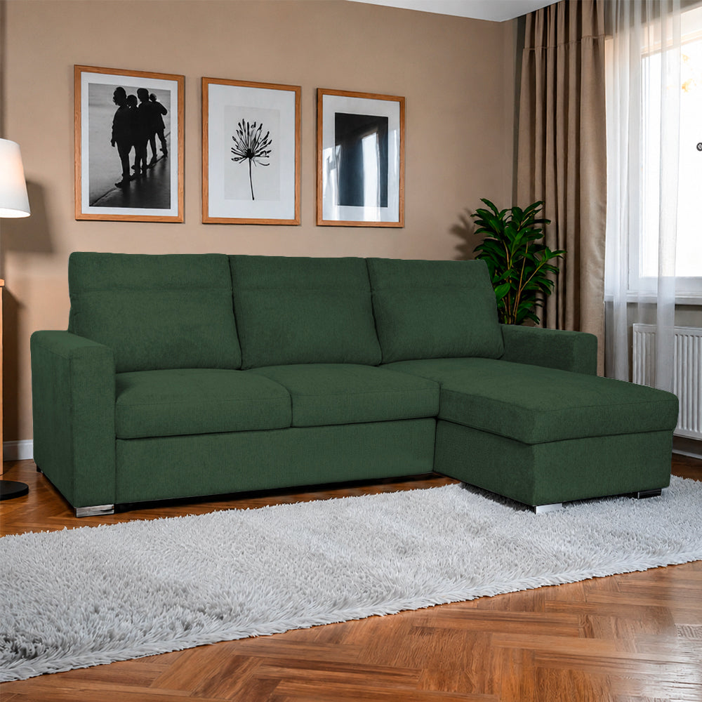 Divano con letto estraibile e penisola contenitore reversibile verde Elba