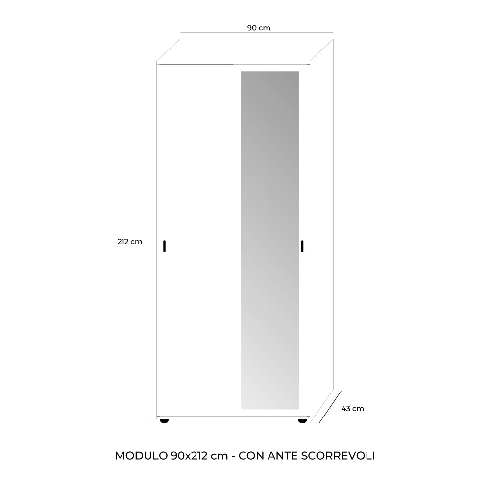 Zweitüriger Schiebetürenschrank mit Spiegel und Einlegeböden, Esche weiß und Ulme, 90x212H cm