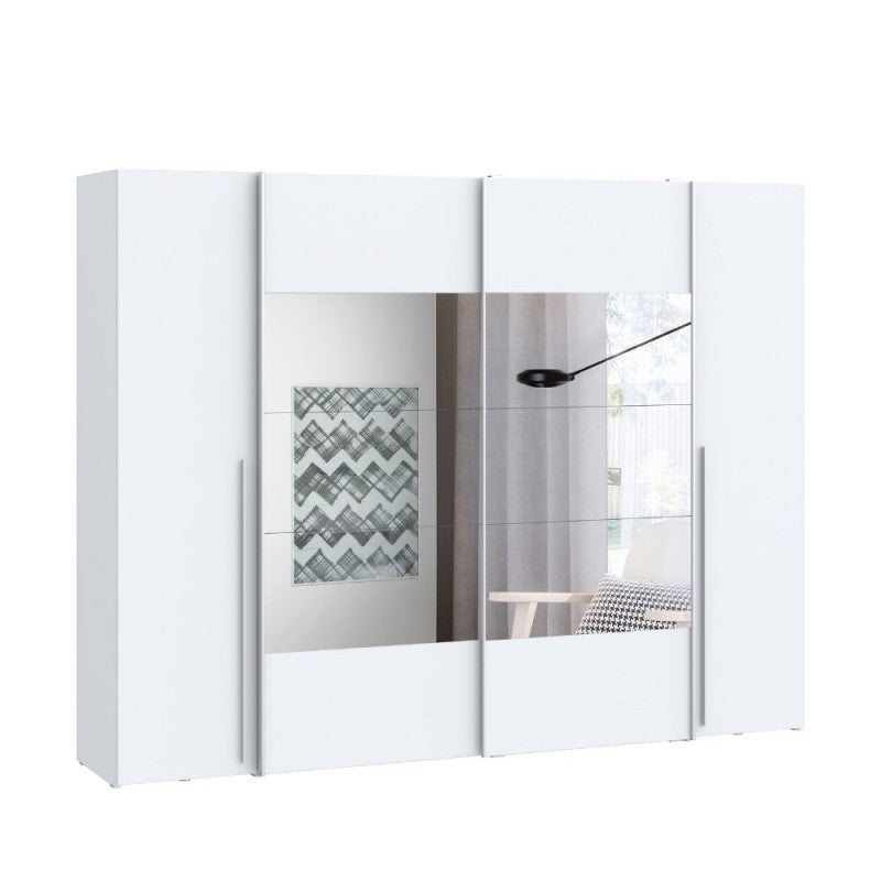 Armoire 2 portes coulissantes et 2 portes battantes avec miroir blanc 270x61x210 Callia