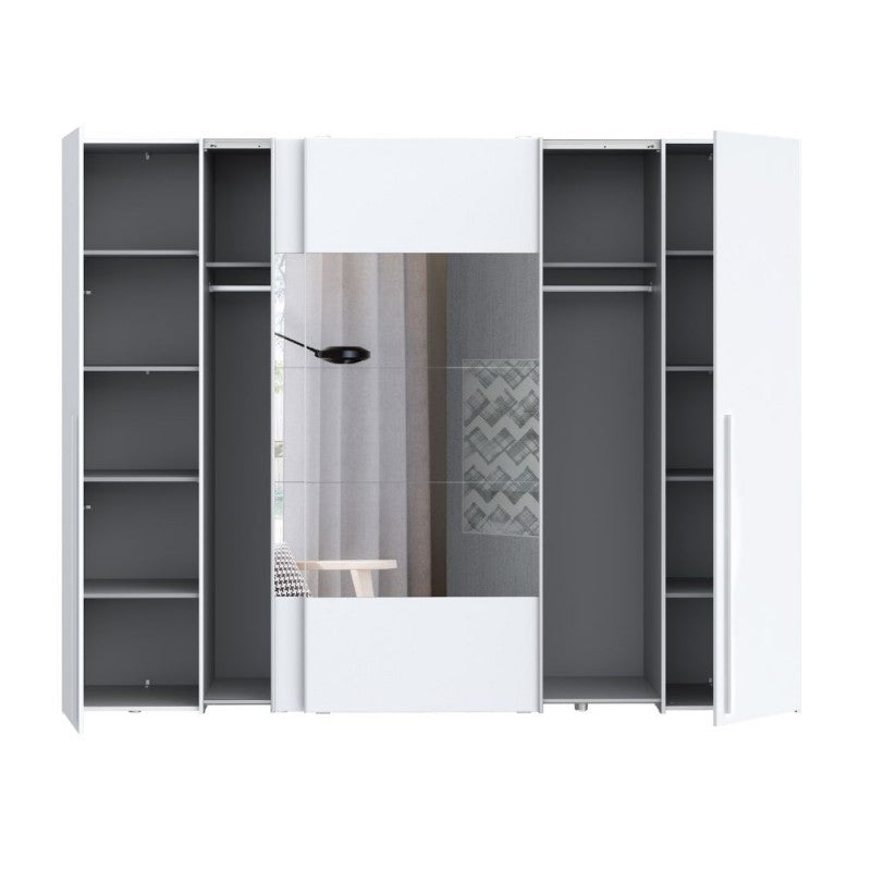 Armoire 2 portes coulissantes et 2 portes battantes avec miroir blanc 270x61x210 Callia