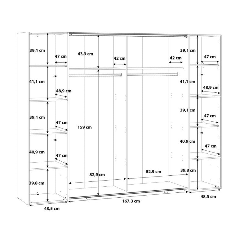 Armoire 2 portes coulissantes et 2 portes battantes avec miroir blanc 270x61x210 Callia