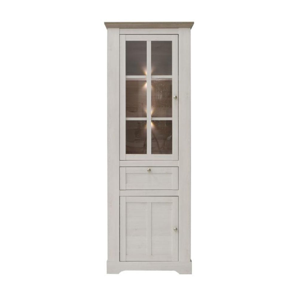 Vetrina 2 ante in vetro, 1 cassetto e luci LED rovere bianco neve e olmo scuro Forma