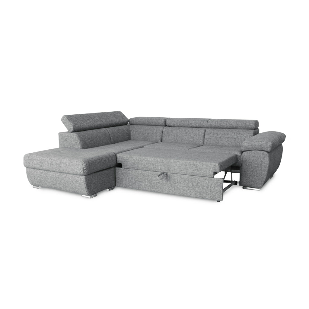 Divano letto angolare con penisola sinistra e pouf contenitore grigio Fiona