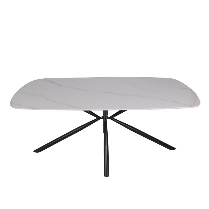 Tisch mit glänzender Keramikplatte in weißer Marmoroptik und schwarzen Beinen - Style
