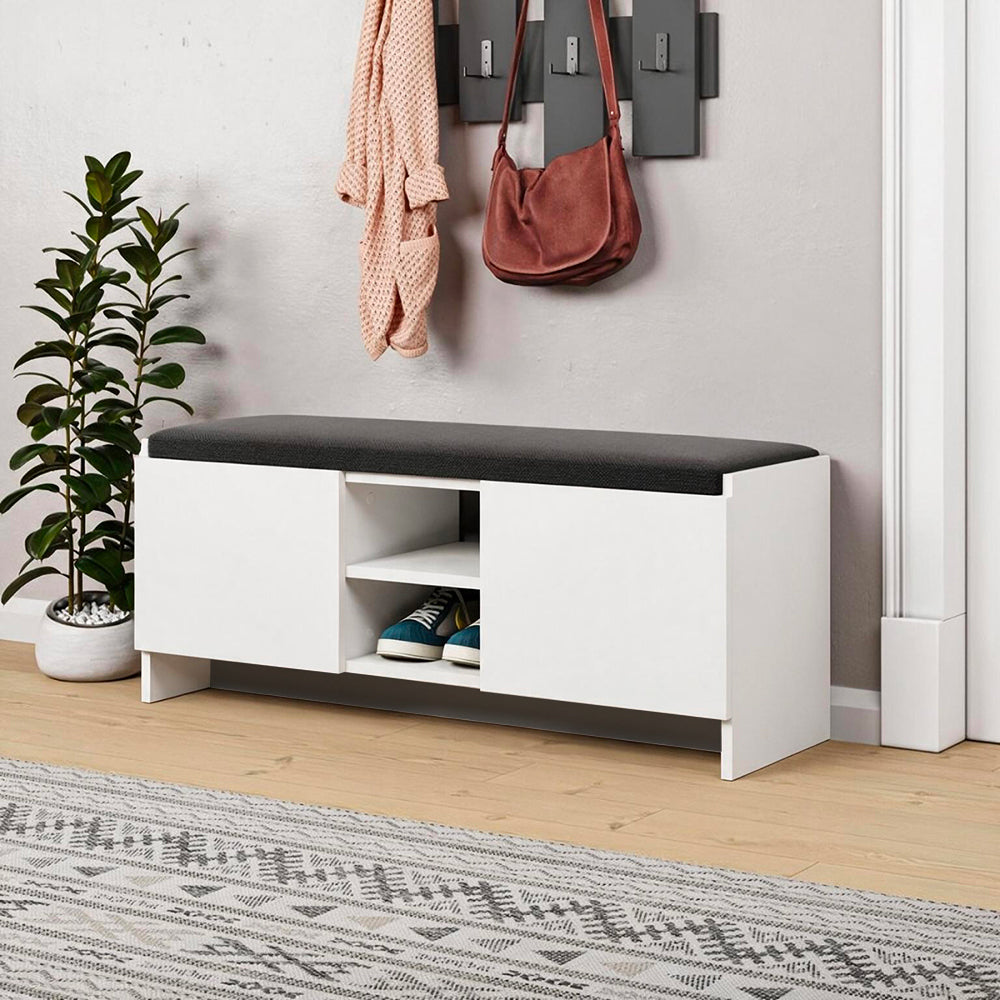 Banc à chaussures avec portes et coussin 110x40H cm coloris blanc - Zulla