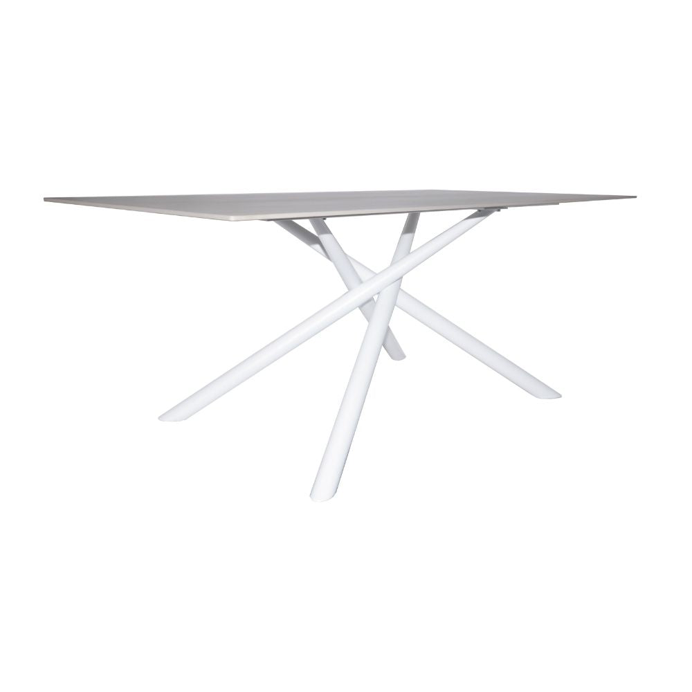 Tavolo fisso con piano effetto marmo travertino e struttura in metallo bianco stile Shangai 180x90 Corveo